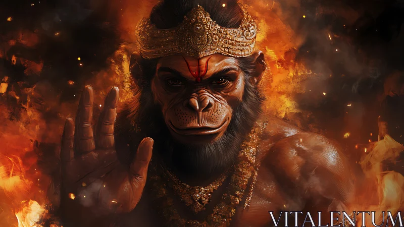 Divine ape warrior with crown amid intense fiery glow.
