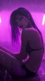 Neon lit female figure seated in rain, side profile view.
