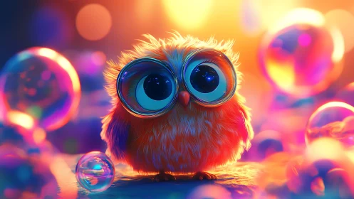 Glow-lit fluffy owl with giant eyes amid neon bubbles.