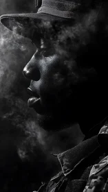 Soldier profile emerges through drifting battlefield smoke