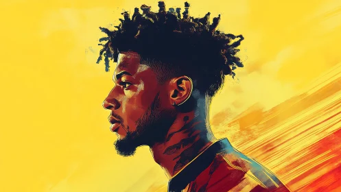 Bold profile portrait glows against a radiant yellow sky