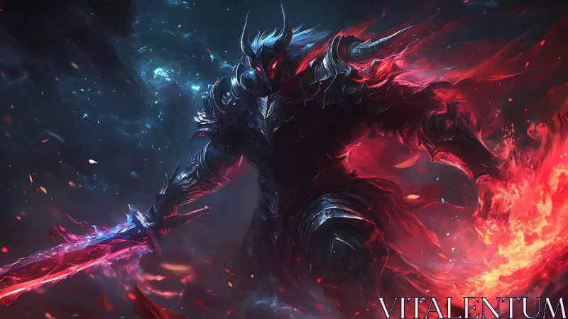 Dark armored demon knight wields flaming voidblade in chaos.