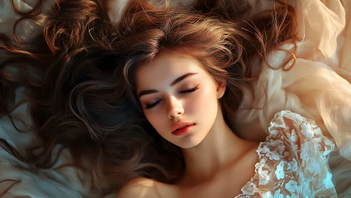Luminous dreamer resting in a halo of flowing silk and hair.