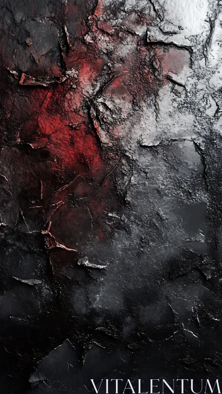 Textured cracked surface shows red, gray and black regions