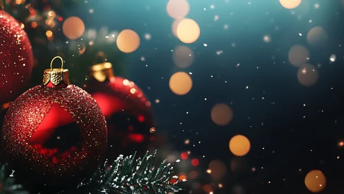 Macro view of red glitter baubles with bokeh Christmas lights