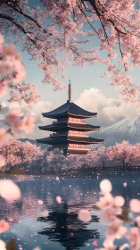 Pagoda and cherry blossoms by reflective lake at sunrise.