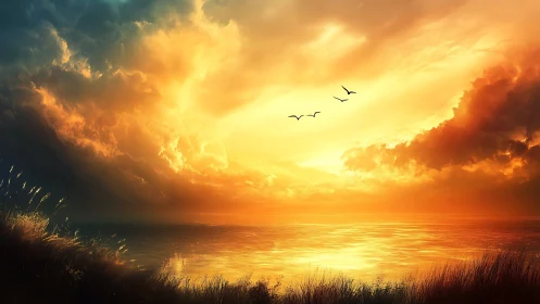 Radiant sunset sky ignites serene coastal waters with light.