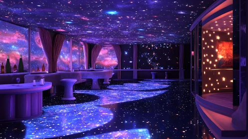 Futuristic bar interior with panoramic galaxy projections.