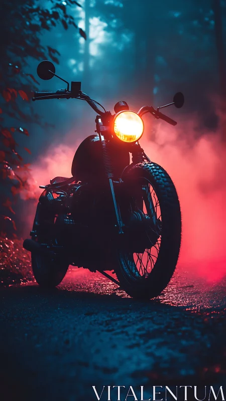 Motorcycle with headlight in foggy forest at night.