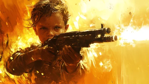 Young fighter aiming blaster in intense fiery scene.