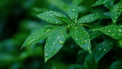 Leaf cluster with dewy raindrops in lush green bokeh field.