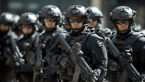 Tactical police team stands in formation with advanced gear