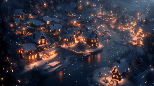 Snowlit riverside village wrapped in golden winter glow.