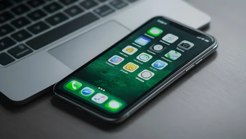 Smartphone with app icons resting on slim laptop keyboard.