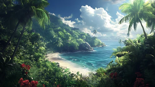 Tropical Coastal Paradise with Verdant Jungle and Pristine Sandy Shore