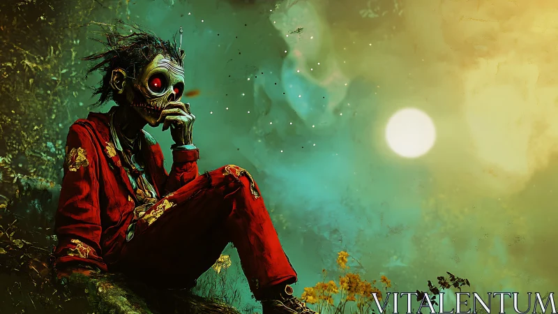 Skeletal figure in red suit seated under luminous sky.