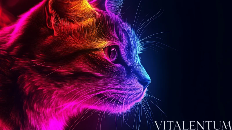 Neon gradient side profile illustration of domestic cat head.