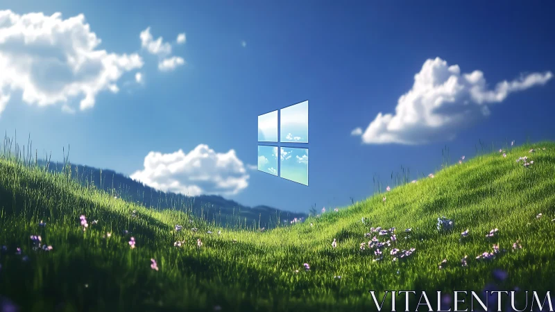 Procedural meadow vista with floating windowed sky portal.