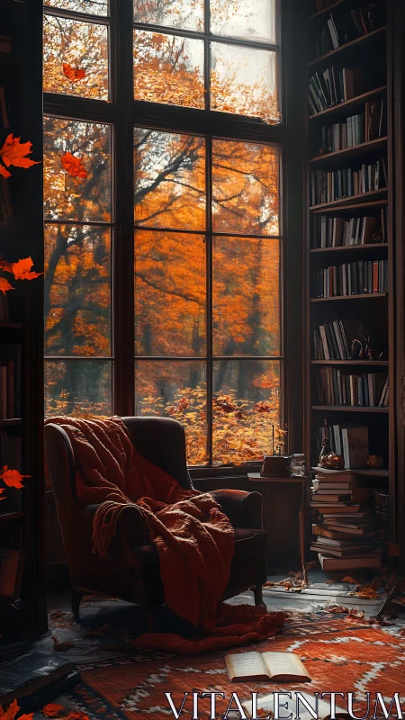 Reading nook overlooks dense autumn forest through tall window
