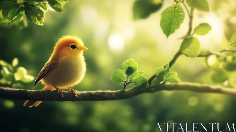 Fluffy yellow songbird on branch in soft, dreamy forest light.