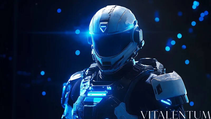 Futuristic armored soldier in blue illuminated exosuit.