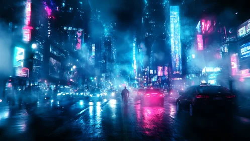 Neon-soaked cyberpunk avenue with lone street silhouette.