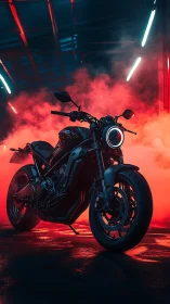 Neo-noir sport motorcycle framed by cinematic red backlight