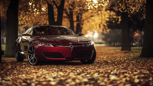 Crimson concept coupe glides through a golden autumn dream.