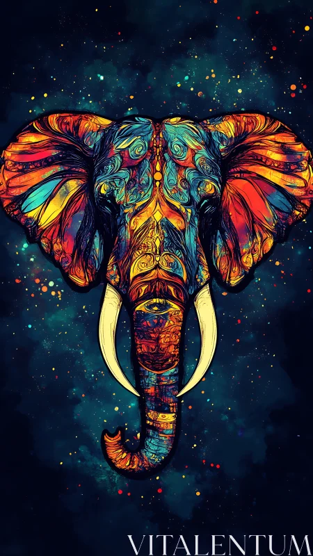 Radiant cosmic elephant portrait glowing against night sky.