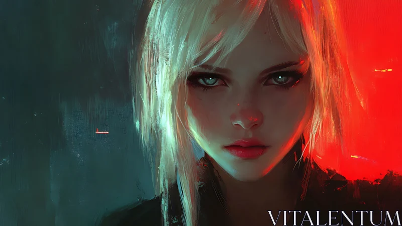 Blonde woman portrait against teal and vivid red background.