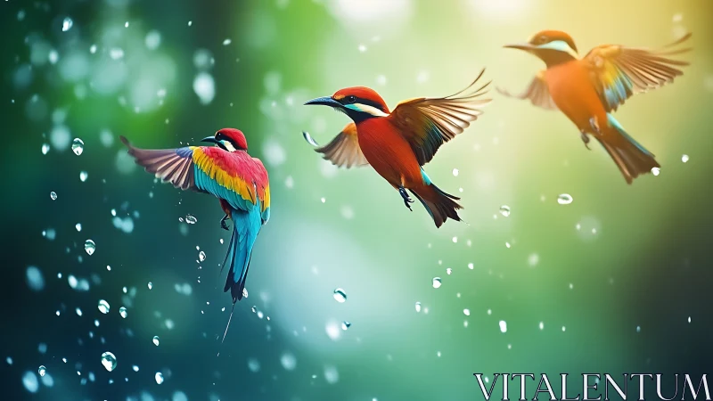 Vibrant Colorful Birds in Flight with Raindrops, Dreamy Nature Art.