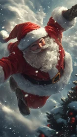 Cinematic digital Santa soaring through atmospheric snowfall.