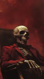Skeletal figure in red blazer reclined against turbulent crimson haze