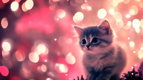 Fluffy Kitten Portrait Against Warm Bokeh Lights.