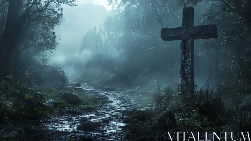 Rain-soaked forest cross dominating a misty twilight path.