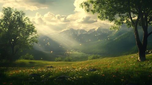 Sunlit mountain valley is observed from a grassy hillside