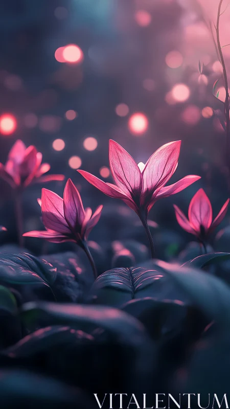 Pink illuminated flowers in shallow-focus nocturnal scene.