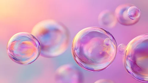 Floating iridescent soap bubbles on soft pastel background.