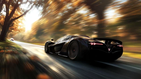 Sleek black supercar racing through a glowing autumn road.