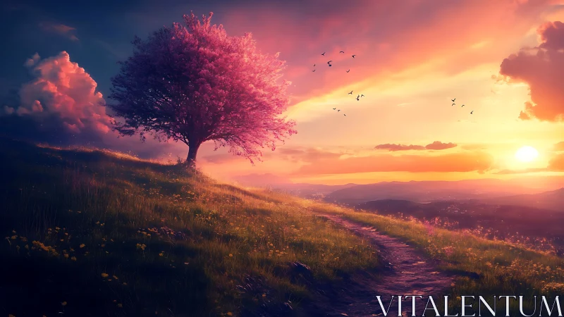 Sunset hill path gently curves toward a glowing pink tree