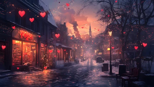 Winter twilight street glowing with cozy heart lights.