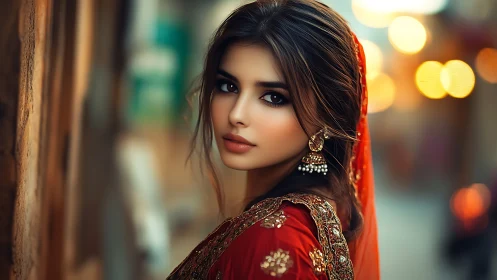 Velvet-eyed muse in crimson silk beneath city lanterns.