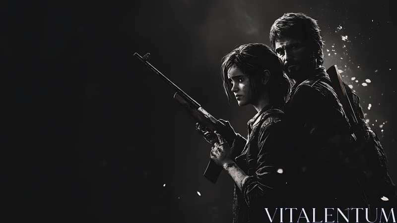 Postapocalyptic duo stand armed in stark monochrome light.