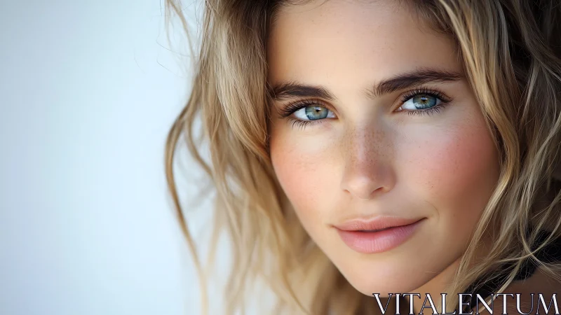 Close portrait highlights blue eyes and golden freckles.