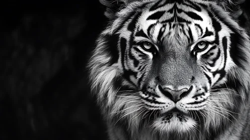 Tiger face captured in sharp monochrome front view portrait