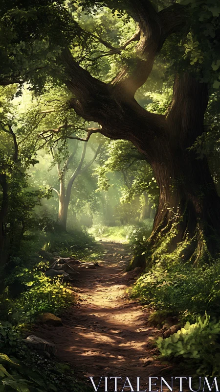 Ancient Forest Path Through Towering Tree.