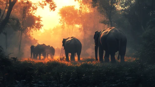 Elephant group walking through dense forest at sunrise.