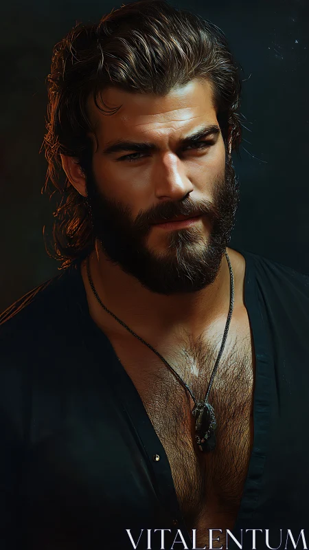 Smoldering bearded man gazes ahead in moody warm light