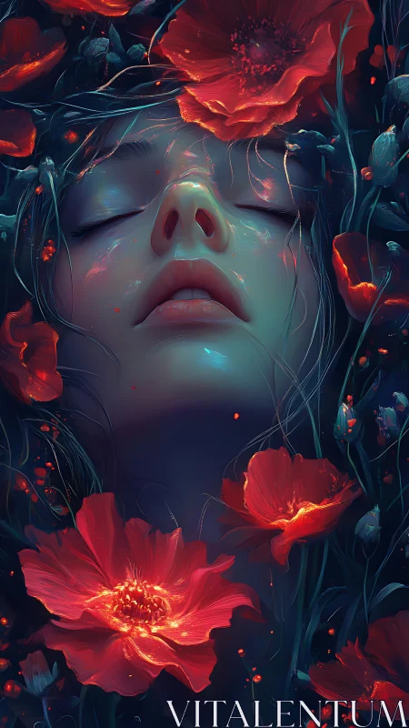 Bioluminescent portrait of serene face amid crimson poppies