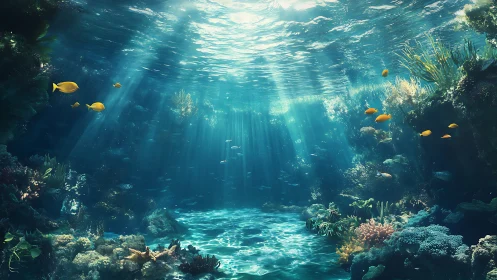 Sunlit coral reef habitat with tropical fish in clear water.